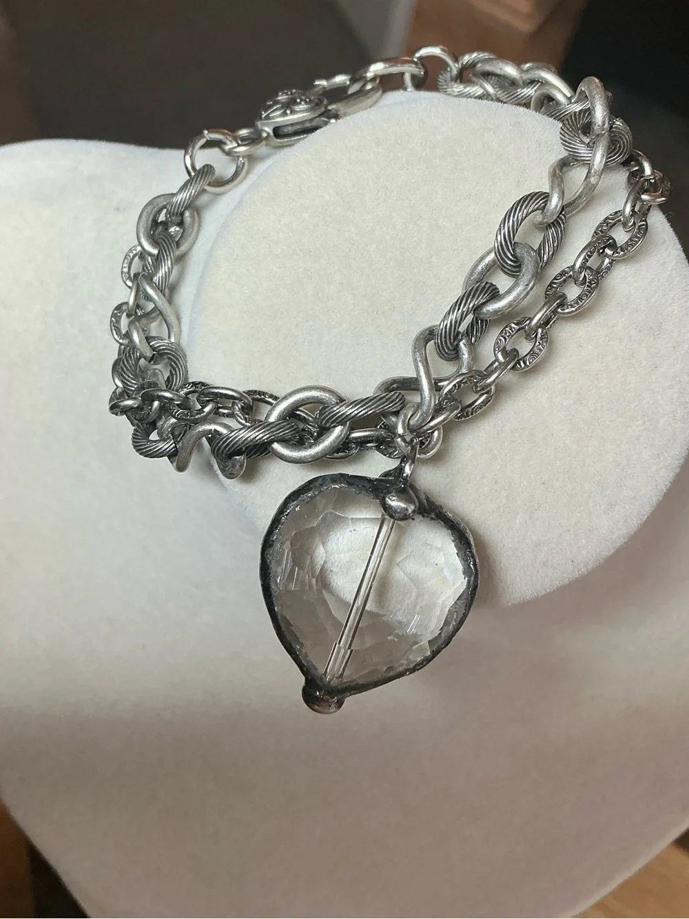 Double Antique Silver Chain Bracelet with Clear Crystal Heart - Picture 2 of 4